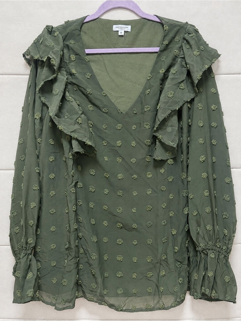 Chic Soul Olive Green Ruffle Blouse 2X Plus Size Swiss Dot V Neck